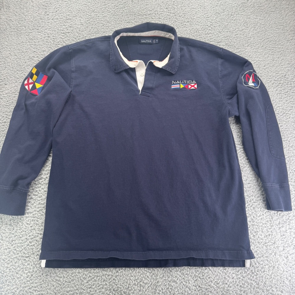 Nautica Mens Long Sleeve Rugby Polo Shirt XL Navy Blue Nautical Flags‎ Spell Out